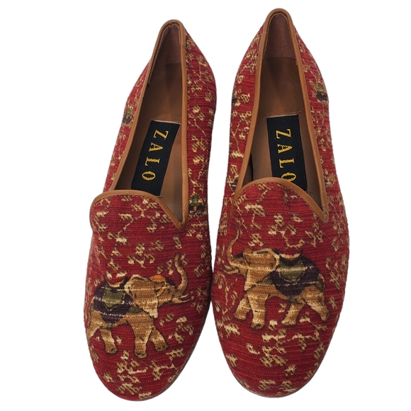 ZALO Elephant Tapestry Flats Loafers Smoking Slippers Sz 5 NWT Leather Soles - Picture 4 of 10